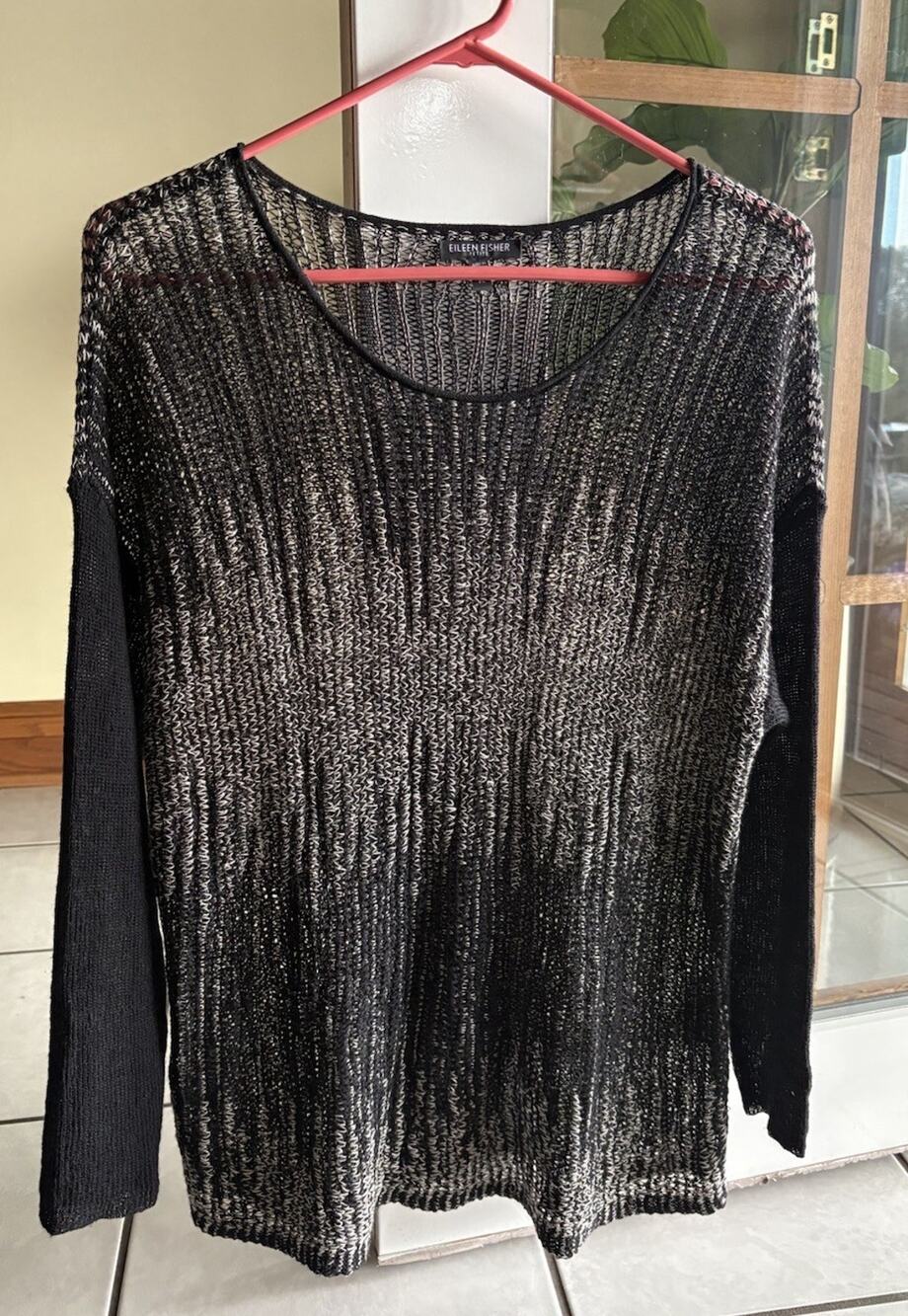 Eileen Fisher Sweater PL Wool Linen Open Knit Long Sleeve Pullover Black Top